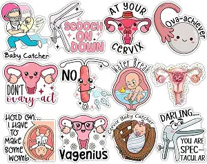 (12pcs-3in) Funny OBGYN Stickers Obstetrics and Gynecology Sticker OBGYN Nurse Gifts Pediatrician Gynecologist Obstetrician L&D Mid Wife Uterus Decorations for Water Bottles, Laptops, Luggage