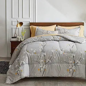 Gray Comforter Sheet Set Bed in a Bag 6 Pieces Twin Size Tree Branch Bloom Flower Spring Summer Bedding Set (1 Comforter 2 Pillow Shams 1 Tan Flat Sheet 1 Fitted Sheet 1 Pillowcases)