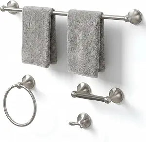 24-Inch Wall Mounted Towel Racks for Bathroom Space Saver 4-Piece Durable Stainless Steel Bathroom Hardware Set with Towel Bar, Towel Ring, Toilet Paper Holder & Hook, Brushed Nickel