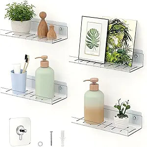 LAZYROSY 4 Pack Floating Shelves Clear Acrylic/PET Wall-Mounted No Drill Storage with Adhesive, Invisible Bathroom & Bedroom Shelving for Kitchen, Living Room, Transparent Decor