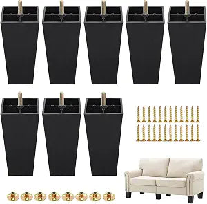 8 Pack 5.7 Inch Furniture Legs Plastic Sofa Coach Legs Square Tapered Feet Sofa Leg with T-Nuts Screws for Leg Sofas Chairs Cabinets Dressers Beds, Black