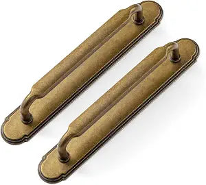 Goo-Ki 2 Pack Antique Brass Cabinet Pulls with Backplate Spacer, 5" Hole Center Vintage Brass Drawer Pulls Bronze Dresser Handles with Plate Kitchen Zinc Alloy Hardware