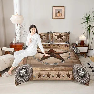 Western Texas Star Kids Comforter Set Queen Size,Rustic Wooden Door Farmhouse Bedding Set,Girls Boys Adults Room Decor,Western Cowboy Tribal Down Comforter,Brown Retro Duvet Insert,2 Pillowcases