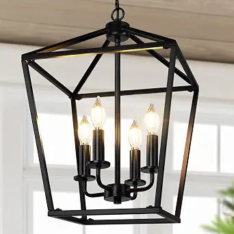 Black Farmhouse Chandelier, 4-Light Foyer Lighting Fixtures for Dining Room