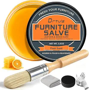 Furniture Salve with Beeswax & Orange Oil for Leather, Wood, Vinyl 3-in-1 Polisher, Conditioner & Restorer for Couches, Tables, Chairs Repair Kit with Brush & Cloth Natural Leather Care, 3.5 oz