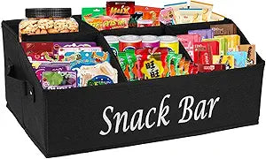 Snack Organizer for Countertop, Fabric Snack Bar Station with Handles, 6 Compartment Container, Black Patent Pending