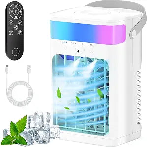Portable Air Conditioner, Cooling Fan 3 Speeds & 3 Modes Personal Cooling Fan Mini Air Conditioner Fan with Remote, 1500ML Water Tank, Night Light, No battery, for Home Office Bedroom