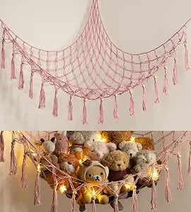 Stuffed Animal Storage Hammock Corner with LED Light - Toy Hanging Organizer Plushie Net - Pink Room Decor for Teen Girls - Cute Bedroom Aesthetic Nursery Kids Baby Toddler