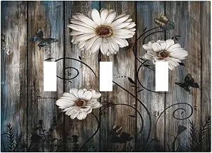Rustic Wood Background Floral Butterfly Daisy Decorative Switch Plates 3 Gang Wall Plate Triple Toggle Light Switch Cover Faceplate Electrical Wall Panels for Farmhouse Bedroom Decor