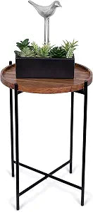 BIRDROCK HOME Folding Side Table with Removable Wood Tray - Modern Accent, Foldable End Table for Living Room, Bedroom - Portable Serving Tray for Decoration, Coffee, Drinks & Food - Natural Acacia