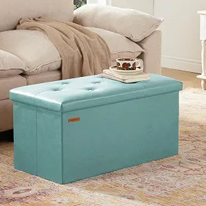 HAUSFRAU Ottoman Storage Bench Folding Foot Rest Stool Upholstered Blue