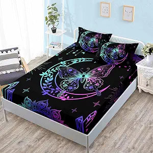 HOSIMA Boho Mandala Butterfly Twin Fitted Sheet 3Piece with 2 Pillowcases.
