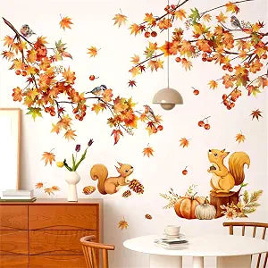 Autumn Fall Maple Tree Leaf Wall Decals, Squirrel Bird Wall Sticker