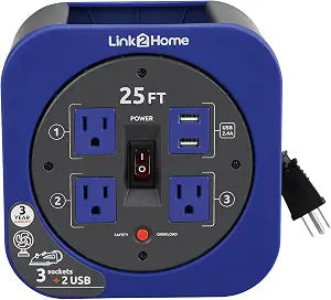 Link2Home 25 Ft. Extension Cord Reel, 4 Outlets, USB Port, Blue