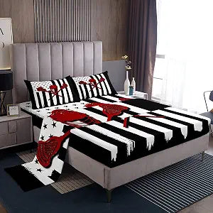 Homewish Lacrosse Kids Bed Sheets Full Size,American Flag Bedding Set 4Pcs for Boys Teens Men Bedroom Decor,Lacrosse Player Games Fitted Sheet Black White Lines Top Flat Sheet,2 Pillowcases