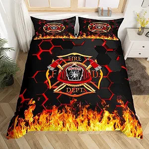 Fire Fighting Kids Duvet Cover Set Queen Size,Fire Fighting Truck Tool Flame Bedding Set,Boys Girls Adults Room Decor,Geometric Honeycomb Hexagon Comforter Cover,Red Black Quilt Cover,2 Pillowcases