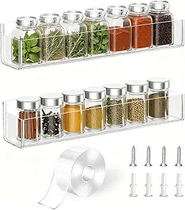 PMMASTO Adhesive Acrylic Spice Rack Organizer for Wall with Nano Double Sided Tape, Spice Shelf Organization for Kitchen Cabinet Door/Pantry Door, Wall Mount Seasoning Rack (Clear-2 Pack)