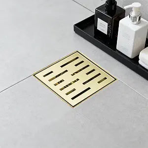 Square Shower Drain 4 inch, Brushed Gold 304 Stainless Steel Floor Drain for Bathroom, Removable Tile Insert Grate Includes Hair Strainer