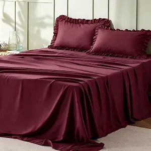 Bedsure Queen Sheet Set Bundle Ruffle Pillow Cases- 4 Pieces Soft Queen Size Sheets - Pillow Shams Queen Size Set of 2 - Easy Care Polyester Microfiber Bedding, Wrinkle Fade Resistant, Red