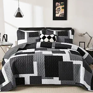 Dobuyly Grey Black Quilt Set Full Black Grey White Geometric Full Quilts