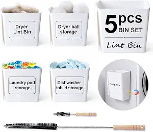 5 Pack Magnetic Lint Bin for Laundry Room, Large Plastic Lint Trash Can with Lid for Dryer, Wall Mount Lint Holder Box, Laundry Room Organization Accessories for Lint & Dryer Sheets, White