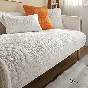 vctops Boho Circle Embroidery Couch Sofa Cover Solid Color Cotton Quilted Non-Slip Sectional Couch Covers Sofa Slipcover for Dogs, Children, Pets Furniture Protector (White,36"x36")