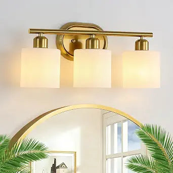 3-Light Bathroom Vanity Light, Gold Bathroom Lighting Fixtures Over Mirror, Modern Wall Sconces with Milky White Frosted Glass Shades for Farmhouse Bedroom Kitchen