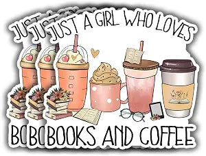 (3pcs) Just A Girl Who Loves Books and Coffee Sticker for Kindle Laptop Water Bottle, Reading Bookish Booktrovert Coffee Caffeinated Lovers Sticker Funny Aesthetic Book Lover Vinyl Decal - 3x3