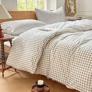 NSNLGSGC Tan Gingham Cotton Duvet Cover Set, Queen, Brown