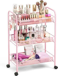 TOOLF 3 Tier Rolling Cart, Metal Utility Storage Cart with Wheels, Pink
