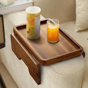 HOLANA 13.75" Acacia Sofa Arm Tray Table, Double Hinge, Natural Wood Color