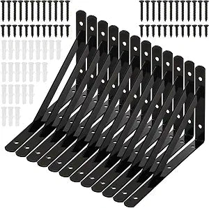 Hiceeden 12 Pack Heavy Duty Shelf Brackets, 8 in x 5 in Wall Mount Steel L Shelf Bracket, Angle Brackets for Floating Shelves, Black Metal Powder-Coated