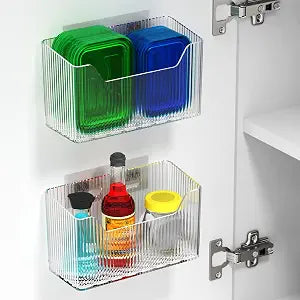 2 Pack Cabinet Door Organizer, Inside Cabinet Door Storage, Shower Caddy Stackable Clear Plastic Makeup Organizer Adhesive Hanging Bin for Kitchen Cabinets, Bathroom, Pantry, Office