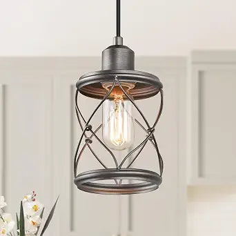 LOG BARN Farmhouse Cage Pendant Light Fixtures, Mini Rustic Industrial Hanging Pendant Lighting with Brushed Finish for Kitchen Island, Foyer, Hallway, Bedroom and Entryway
