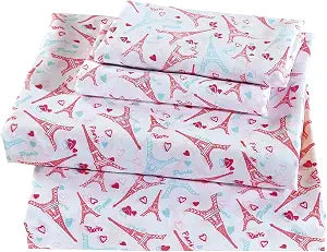 Linen Plus Sheet Set for Girls/Teens Eiffel Tower Paris Hot Pink Light Blue White Flat Sheet Fitted Sheet and Pillow Case Twin Size New