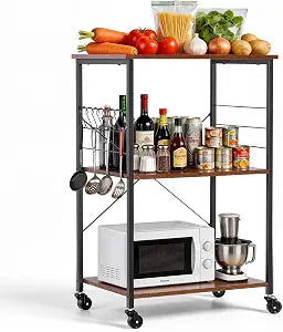 VEVOR 3-Tier Rolling Kitchen Cart, 23.7 in Microwave Stand with Storage, Utility Cart on Locking Wheels or Leveling Feet, 122 lbs Capacity, 8 Hooks, Rustic Brown & Black