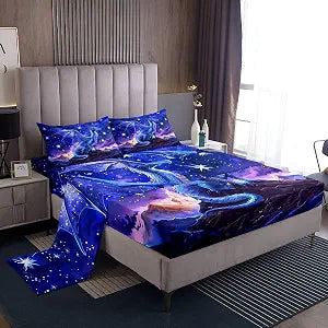 Dragon Top Flat Sheet Queen Size,Starry Sky Mountains Bedding Set for Kids Girls Boys Room Decor,Blue Purple Western Magical Bed Sheet Set 4Pcs,Wild Animal Trippy Deep Pocket Sheet,2 Pillowcases