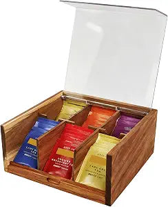 HTB Acacia Wood Tea Bag Organizer Storage Box with 6 Compartments