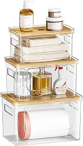 Trash Bag Holder Dispenser,Plastic Under Sink Organizer,Bamboo lid,Set of 3