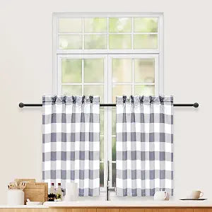 Simple Deluxe Buffalo Plaid Check Kitchen Tier Curtains, Short Small Window Gingham Curtain for Cafe, Bathroom, Kitchen Rod Pocket Curtains, 26" W x 24" L, White and Gray