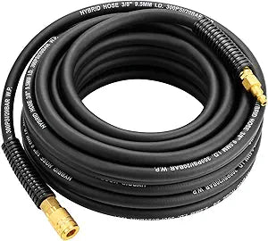Hybrid Air Hose, 3/8-Inch by 50 Feet Air compressor Hose,Heavy Duty, Lightweight, Kink Resistant, All-Weather Flexibility with 1/4" Industrial Quick Coupler Fittings, Bend Restrictors,300PSI,Black