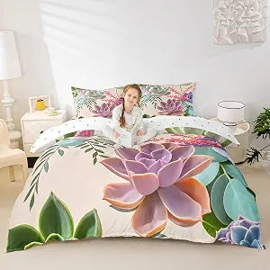 Erosebridal Teens Succulents Bedding Set, Exotic Flower Duvet Cover Queen Size for Kids Boys Girls, Branches Leaf Floral Comforter Cover Tropical Botanical Quilt Cover for Child's Dorm Room