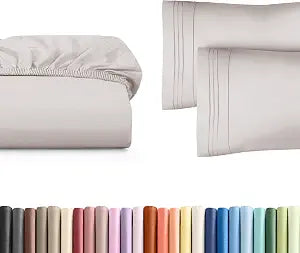Queen Size Fitted Bed Sheet + 2 Pillowcases Bundle - Hotel Luxury Single Fitted Bottom Sheet Only - Fits Mattress w/ Deep Pockets Between 8 to 16 inches - Soft, Breathable & Wrinkle Free - Light Grey