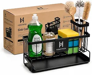 Kitchen Sink Organizer, Stainless Steel Sink Caddy, Black | Rustproof Sponge Holder with Drain Tray, Countertop Organizer for Kitchen Faucet Area, Soap Holder and Sink Accessories