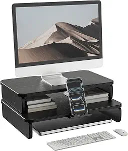 Wooden Monitor Stand Riser with Hidden Phone Holder, Black