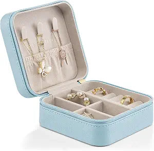 VLANDO Small Travel Jewelry Box Organizer Display Case for Girls Women Gift Rings Earrings Necklaces Storage, Blue