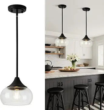 Modern Pendant Lights for Kitchen Island, Black Pendant Light Fixtures with 8.5" Clear Glass Shade, Industrial Hanging Pendant Lights Fixture for Kitchen Island Dining Room Bedroom Entryway 1 Pack