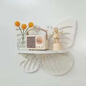 Butterfly Shaped Nursery Wall Deor Floating Shelf, Cute Wall Display Rack for Kids Room, Small Decorative Shelf Wall Mounted, White Hanging Wall Shelf for Toys, Plants and Decorations Storage, White
