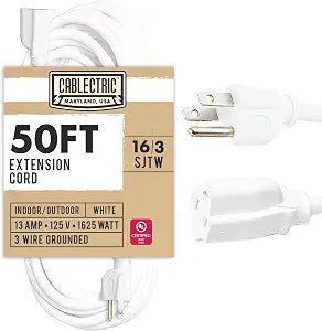 50 Foot Outdoor Extension Cord - 16/3 SJTW White 16 Gauge Electrical Cable with 3 Prong Grounded Plug