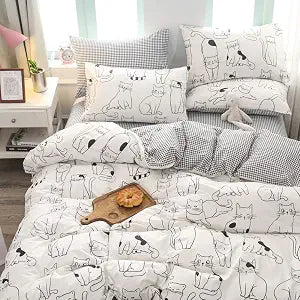 BlueBlue Cats Duvet Cover Set Twin, 100% Cotton Bedding Cartoon Cats Pattern Print on White, 1 Animal Comforter Cover 2 Pillowcase (Twin, Cute Cat)